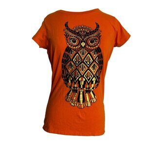 Owl T Shirt Juniors Size Small 4-6 Orange Gold Foil Black Tee Bird Cotton